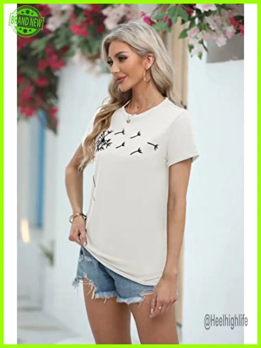 Dandelion Print Graphic Short Sleeve Summer Tee Top Casual T-Shirt